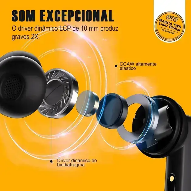 Close-up do fone de ouvido com fundo laranja vibrante.