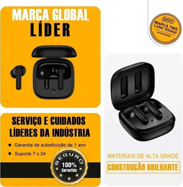 Fone de ouvido visto de cima, com fundo amarelo e textos em destaque.