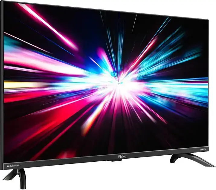 Televisão em perspectiva 3D, com fundo preto e luzes coloridas que se assemelham a um efeito de explosão de luz.